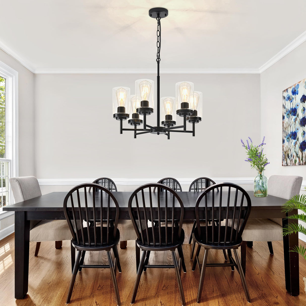 6-Light Farmhouse Modern Chandelier, Black Chandelier for Living Room Light Fixture