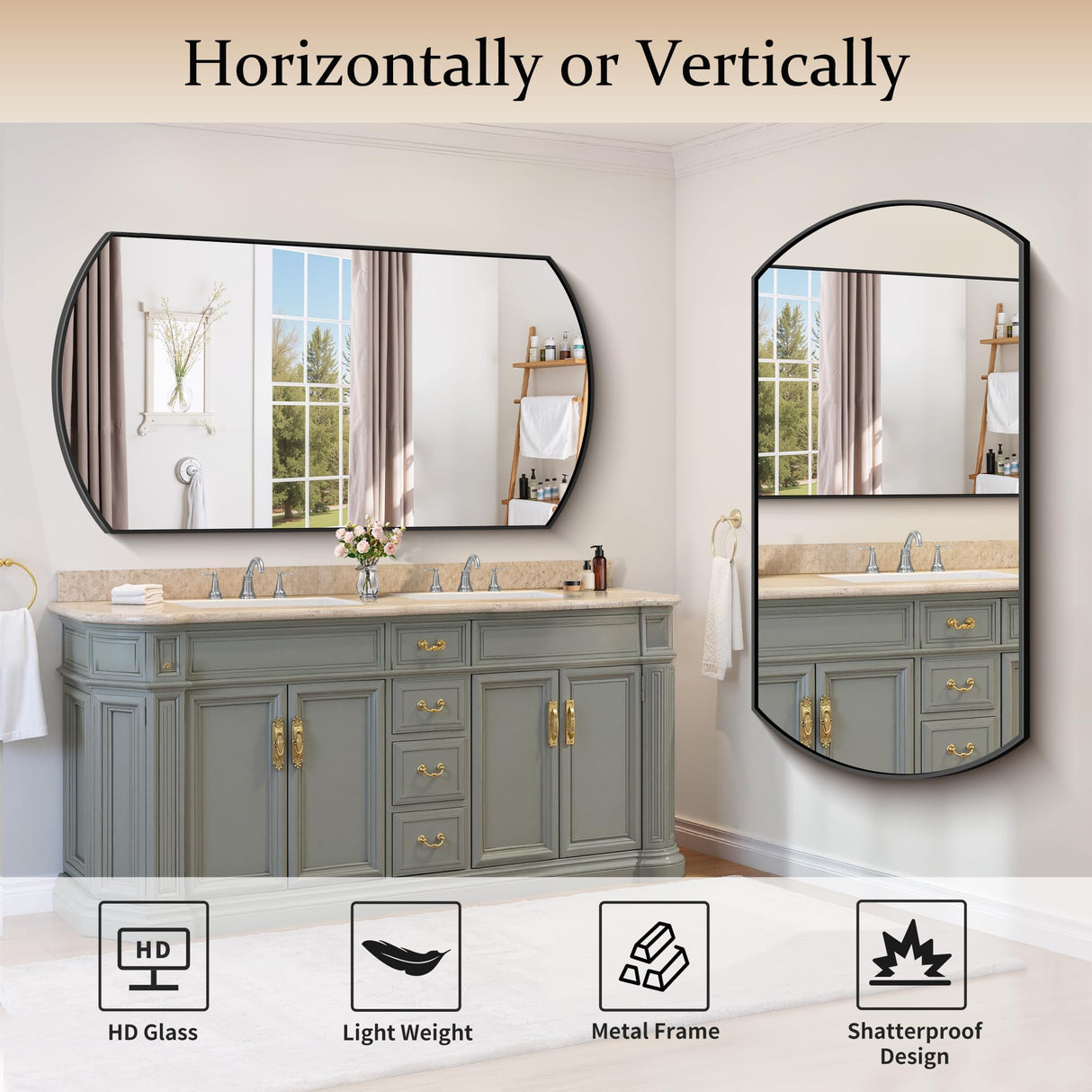 30x55 Inch Black Oval Bathroom Mirror with Thin Metal Frame