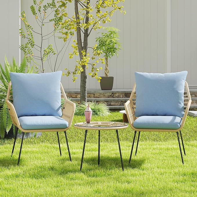 3 Pieces Outdoor Bistro Set, Bistro Set Outdoor with Glass Top Table