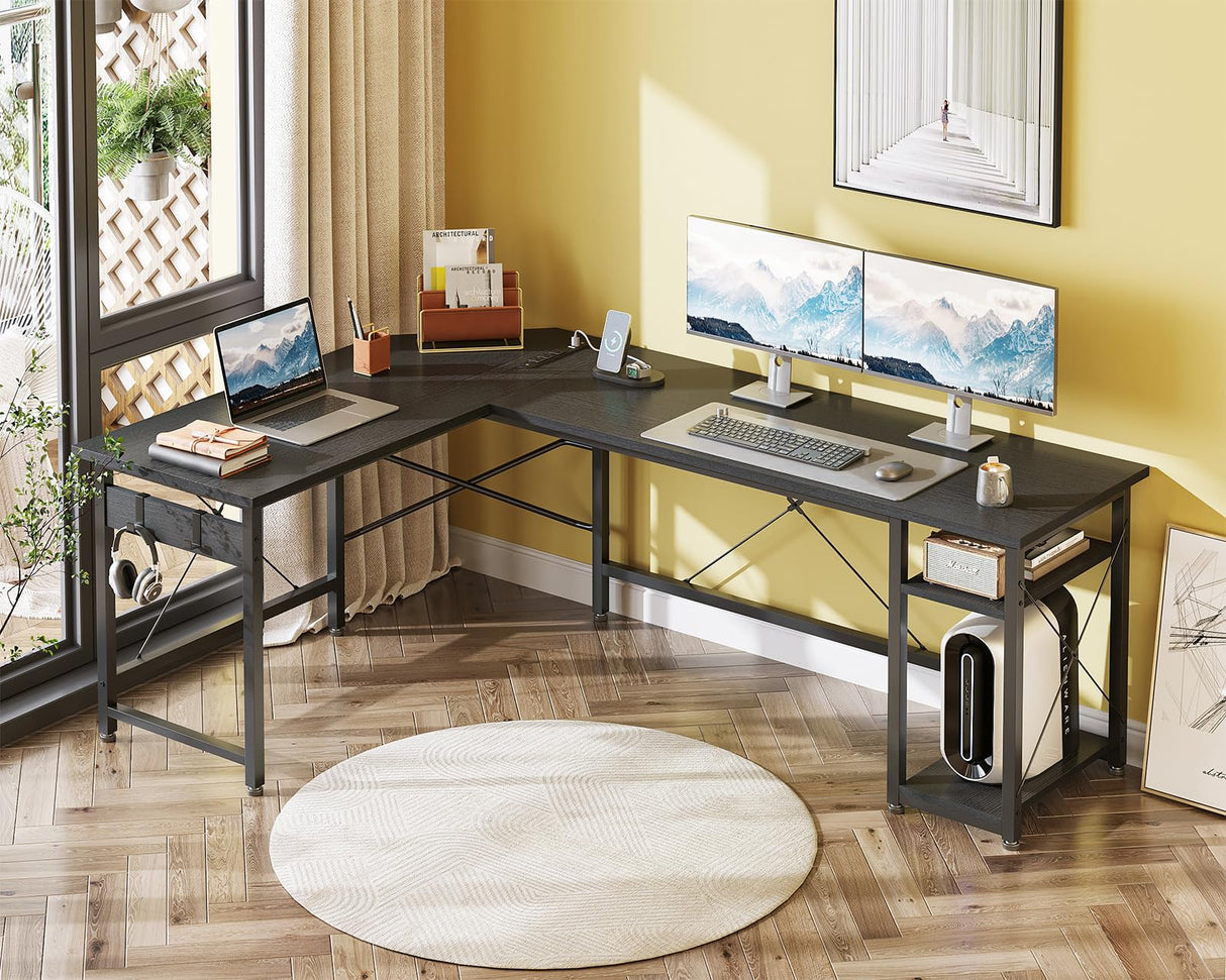 L Shaped Computer Desk 66" with Power Outlet & Storage Shelves