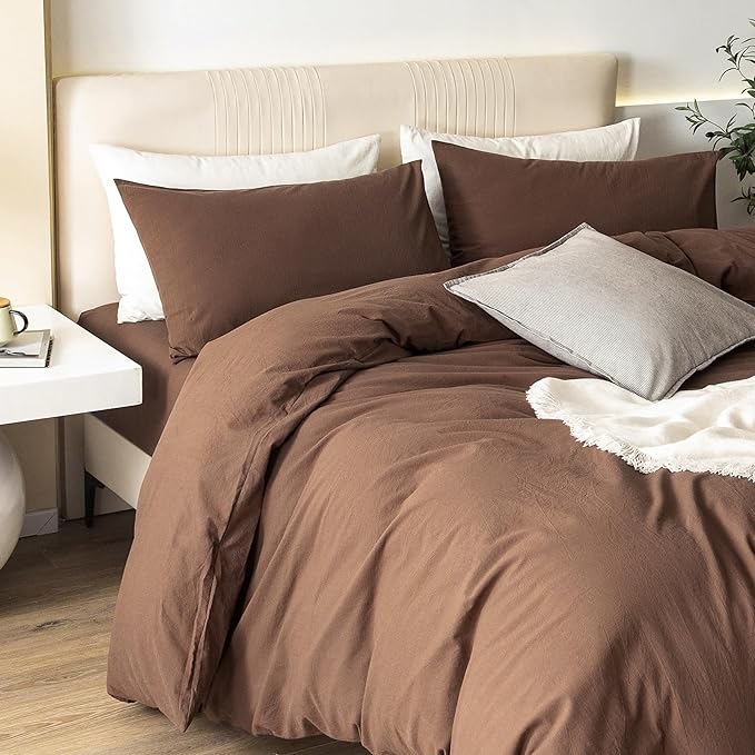 Durable Linen Feel Bedding for All Seasons King, Solid Chocolate Brown