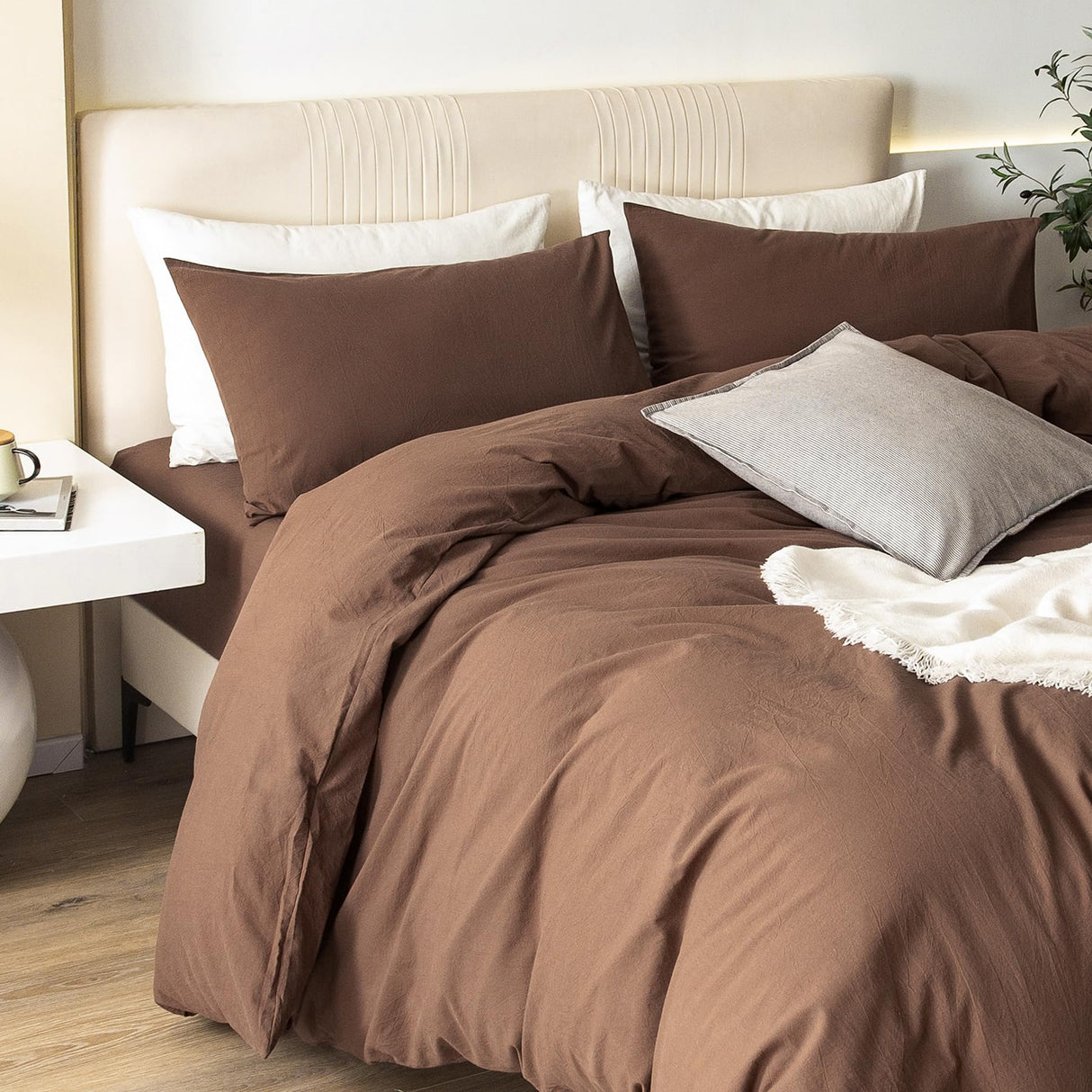 Durable Linen Feel Bedding for All Seasons King, Solid Chocolate Brown