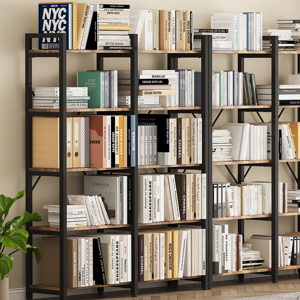 5 Tier, 58.7'' Industrial Wooden Book Shelf with Metal Frame, Large Storage Rack with Open Shelves, Wood Display Bookcase for Home and Office, Rustic Brown