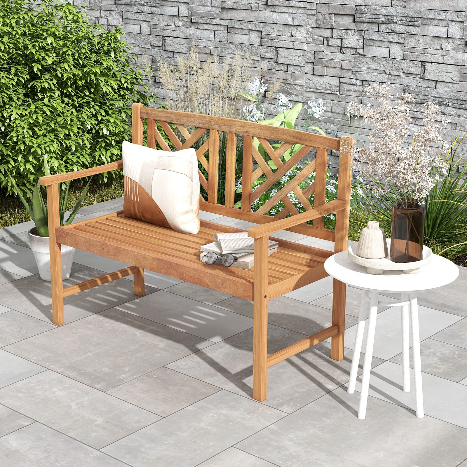 Patio Acacia Wood Bench, 2-Person Outdoor Loveseat Chair