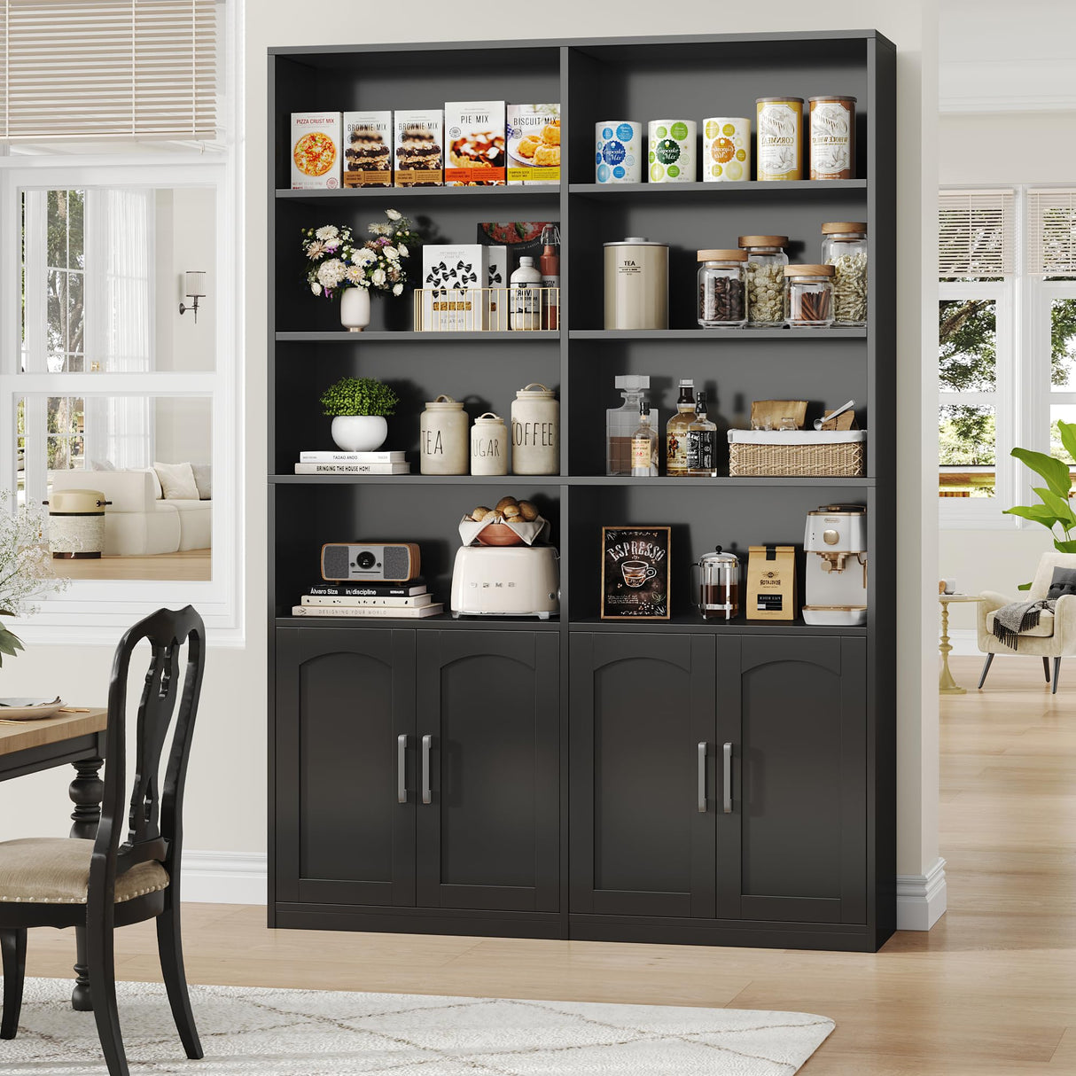 Bookshelf and Bookcase with Doors, 6 Tier Double Wide Large Bookshelves, Open Display Shelves, 73'' Tall Bookshelf with Storage Cabinets for Home Office, Living Room, Library, Black