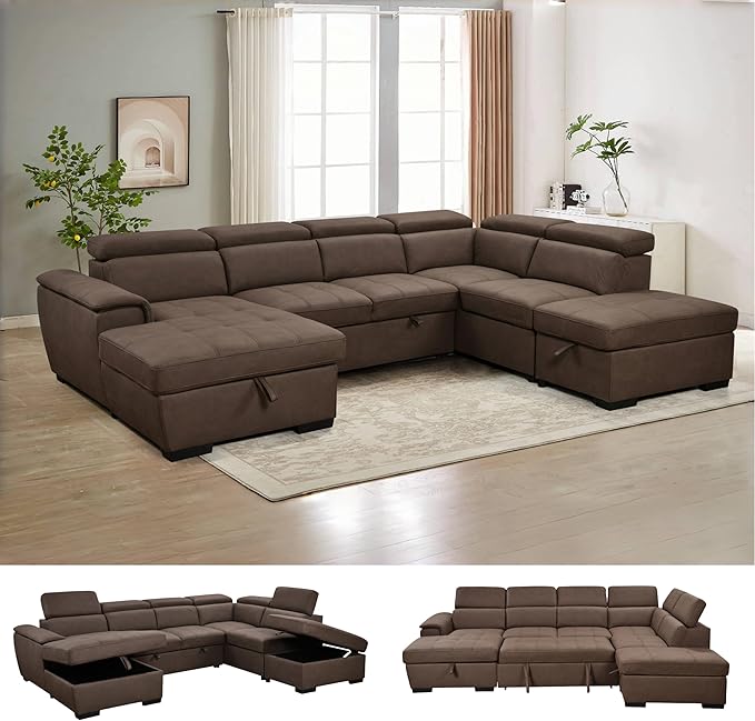 98'' Microfiber L-Shape Sectional Sleeper Couch with Pull-Out Bed, 4-Seater Sofa