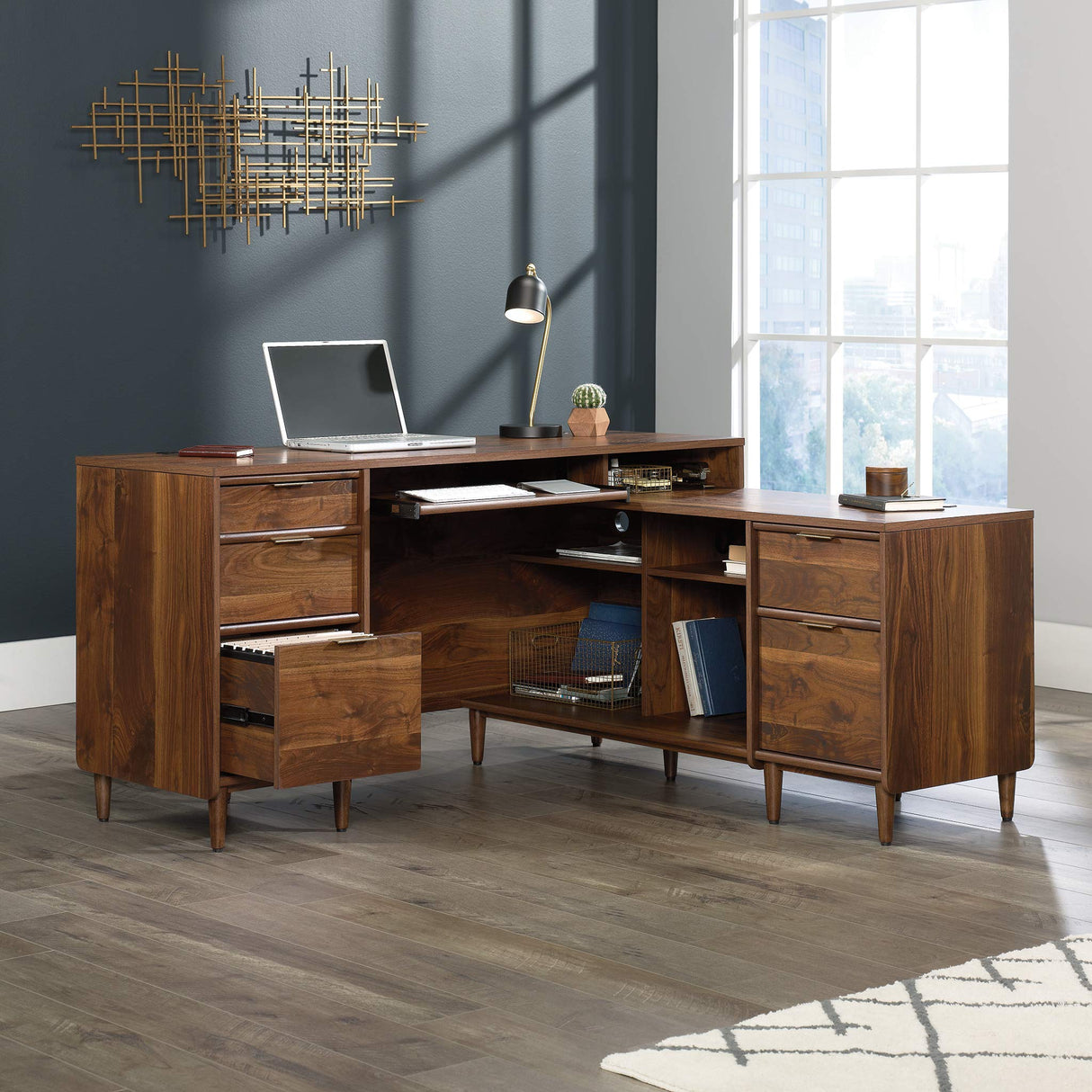 Place L-Desk, L: 59.06" x W: 53.54" x H: 30.2", in Grand Walnut finish