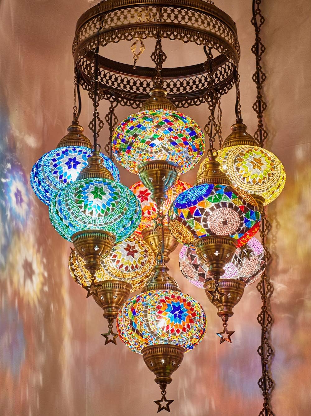 9-Piece 7" Large Globe Plug-in Turkish Moroccan Mosaic Chandelier