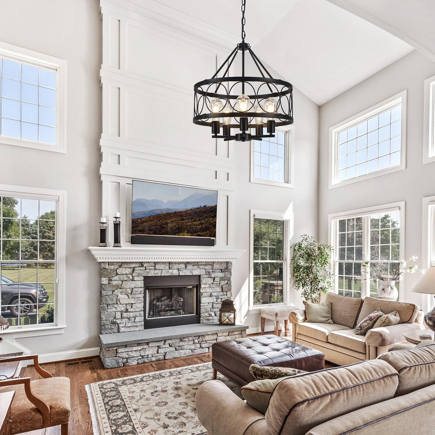 Black Farmhouse Chandelier, Rustic Drum Chandeliers, Dining Room Light Fixtures