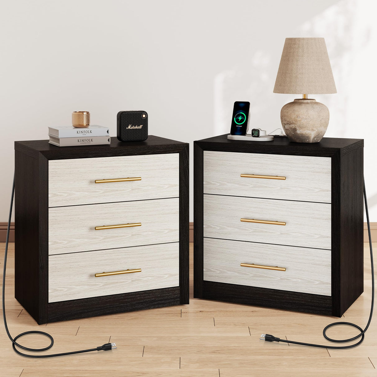 Wide Large Nightstands Set of 2, Black Night Stand