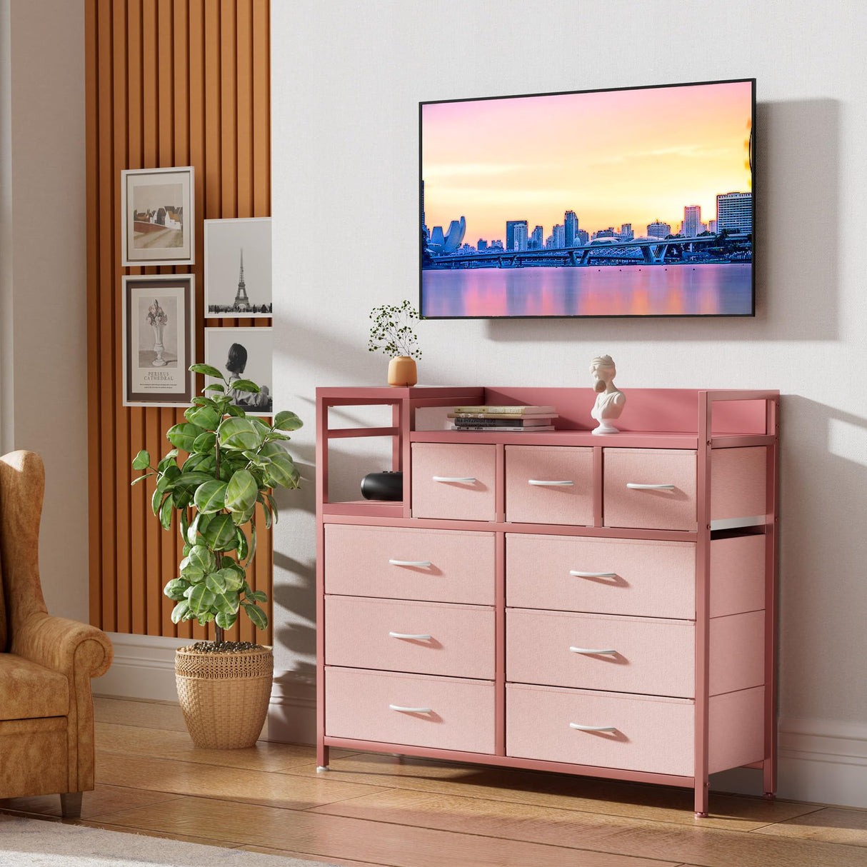 Dresser TV Stand with Power Outlet, Bedroom Dresser with 9 Drawers