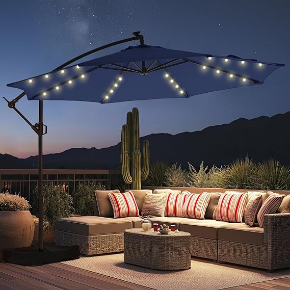 10ft Solar Lights Offset Cantilever Patio Umbrella - w/Light and Base
