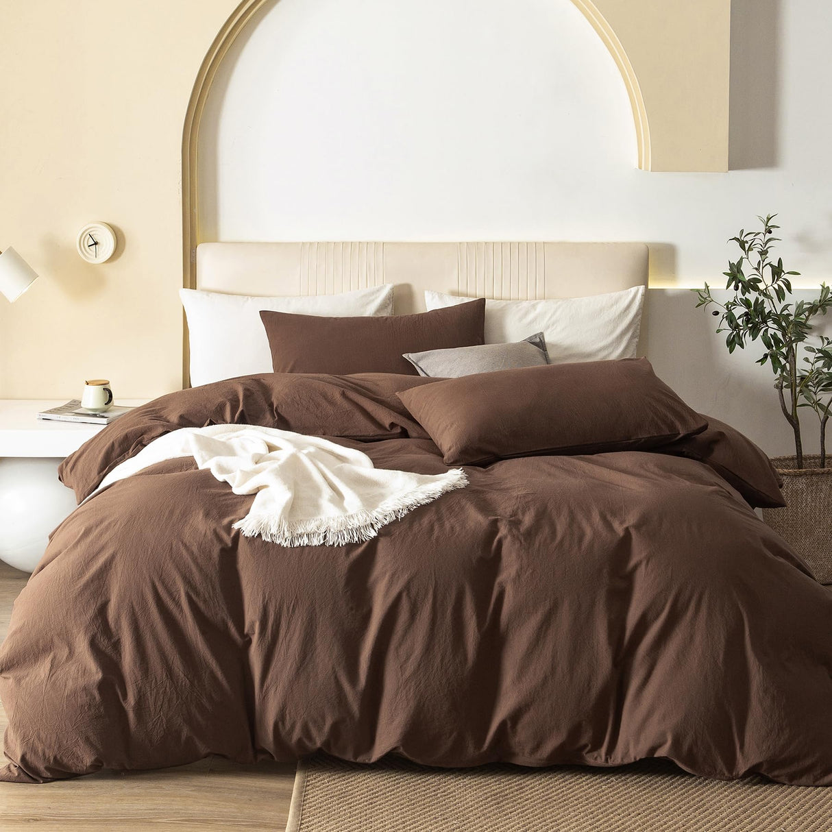 Durable Linen Feel Bedding for All Seasons King, Solid Chocolate Brown