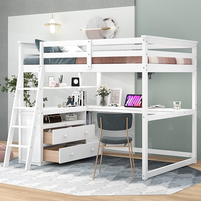 Full Size Loft Bed with Desk and Storage, Solid Wood Loft Bed Frame