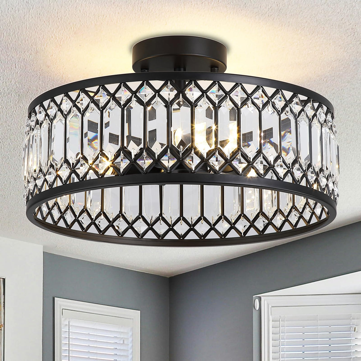 16" Black Crystal Ceiling Light - 3-Light Semi Flush Mount Chandelier