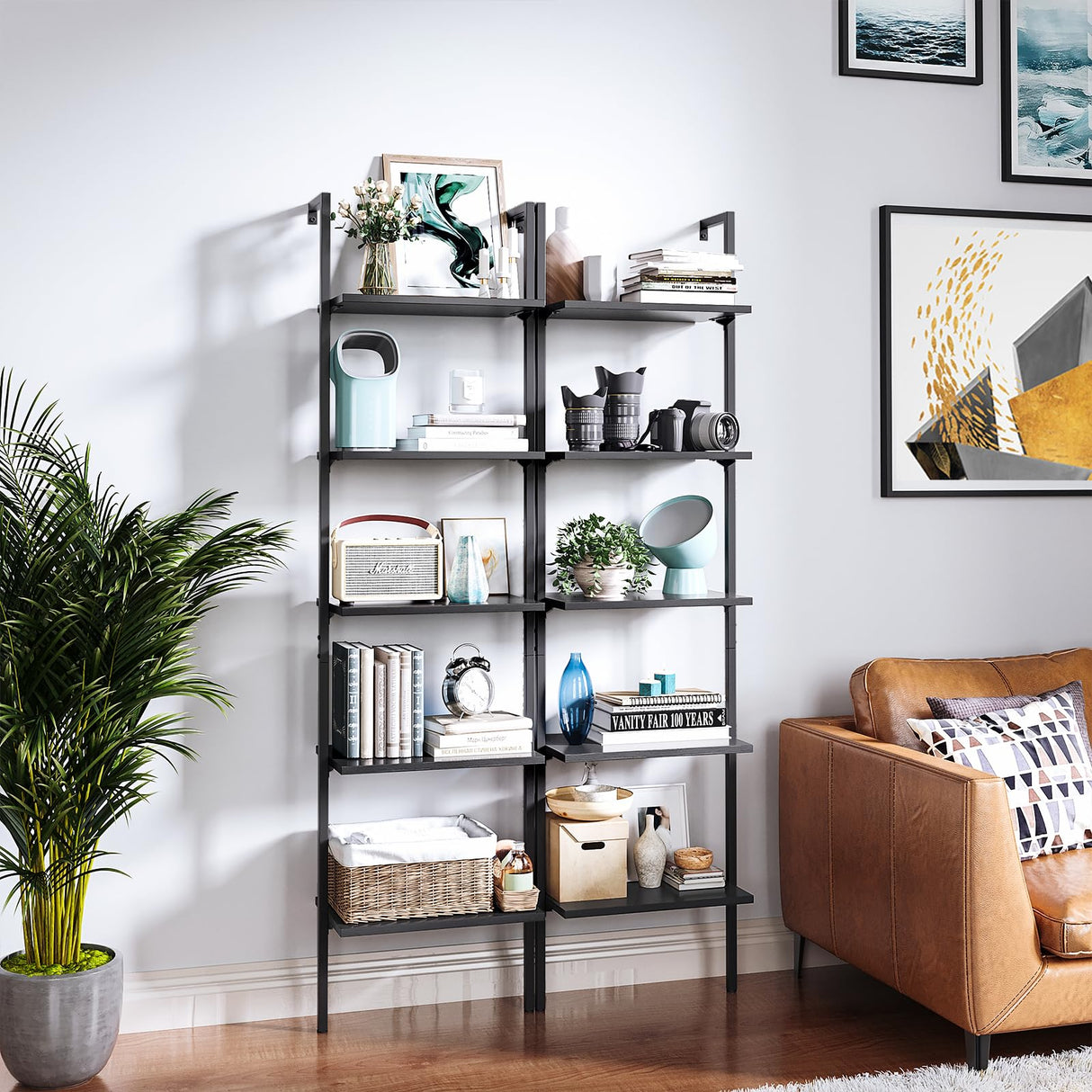 Ladder Shelf, 5 Tier Black Bookshelf, 72 Inch Wall Mounted Book Shelf