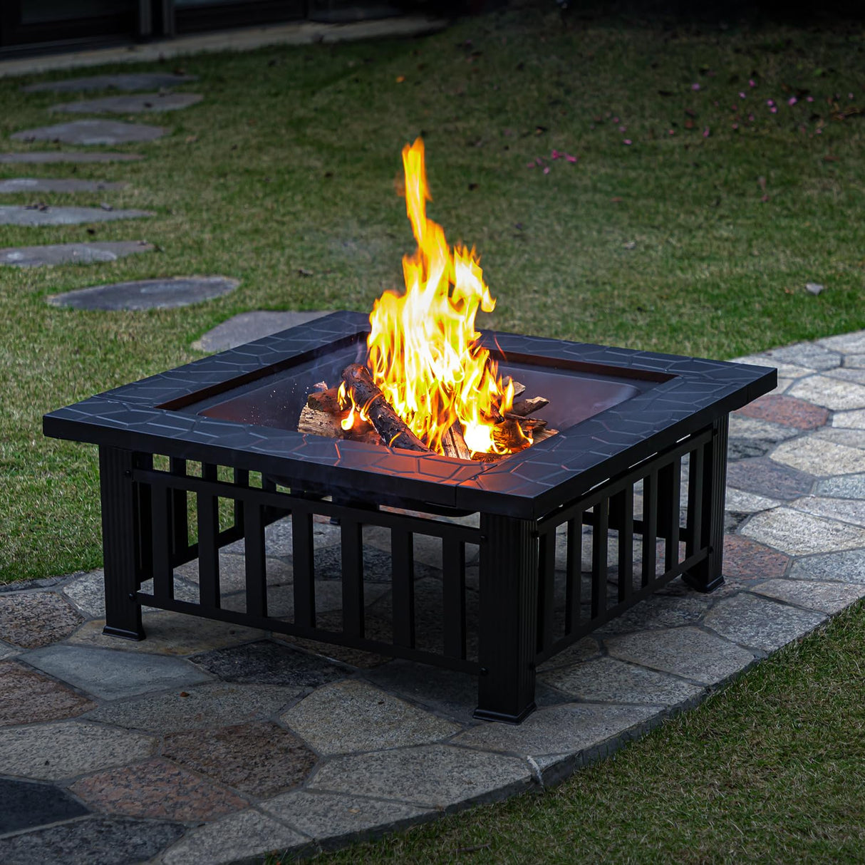 Panovue Multifunctional Fire Pit Table 32 inch Square Metal Firepit Stove Backyard Patio Garden Fireplace for Camping, Outdoor Heating, Bonfire and Picnic - Bircata