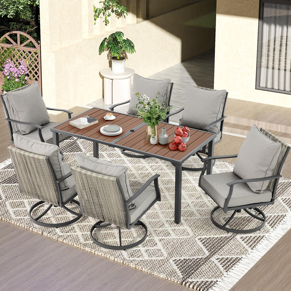 67x33 Inch Outdoor Dining Table for 6 with Umbrella Hole - Weather Resistant Metal Patio Table