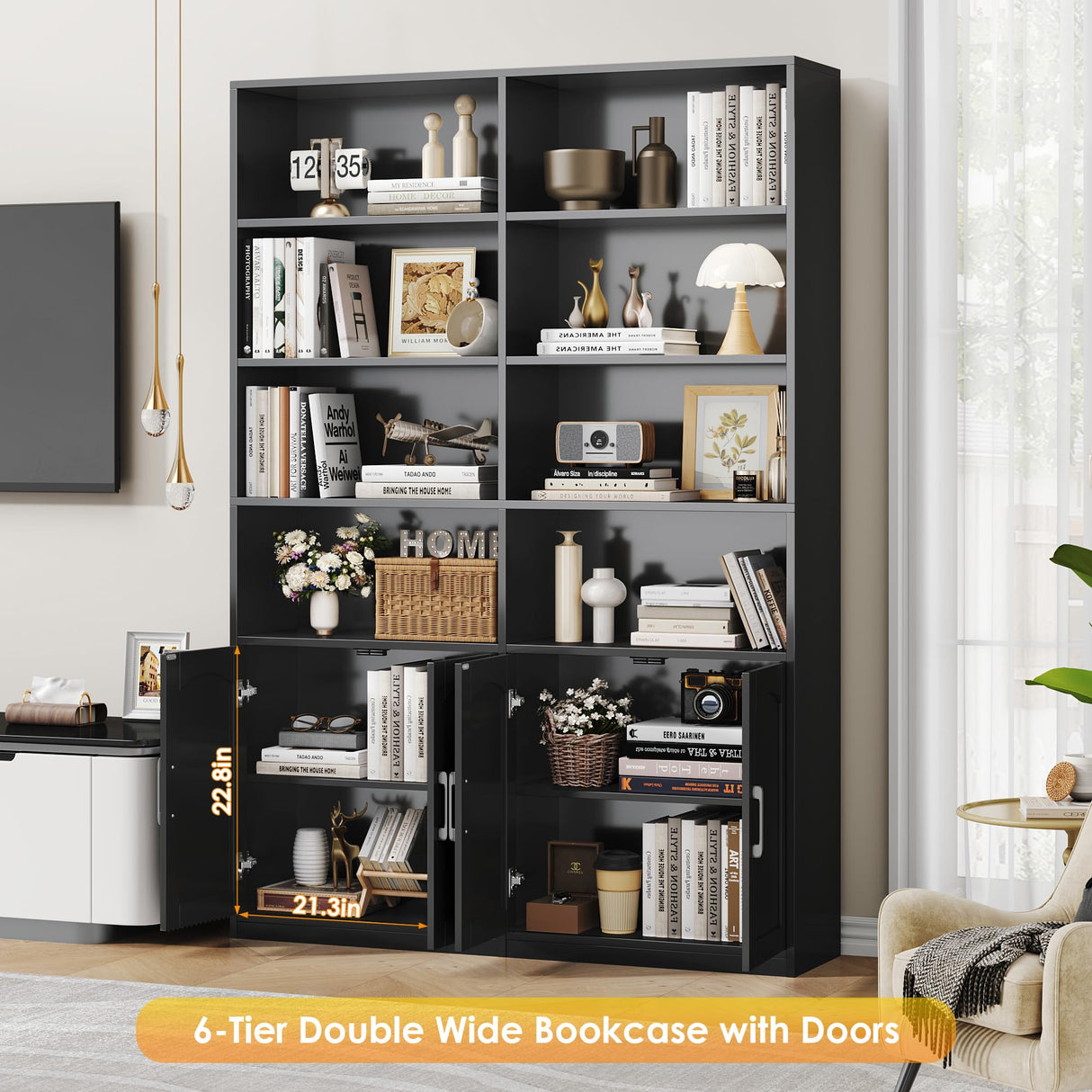 Bookshelf and Bookcase with Doors, 6 Tier Double Wide Large Bookshelves, Open Display Shelves, 73'' Tall Bookshelf with Storage Cabinets for Home Office, Living Room, Library, Black
