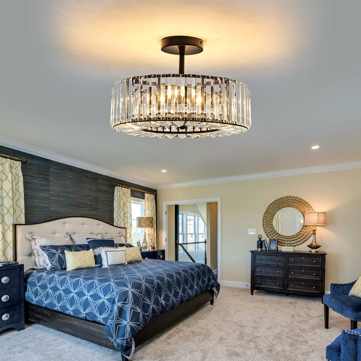 4 Lights Modern Crystal Chandelier Black Round Semi Flush Mount