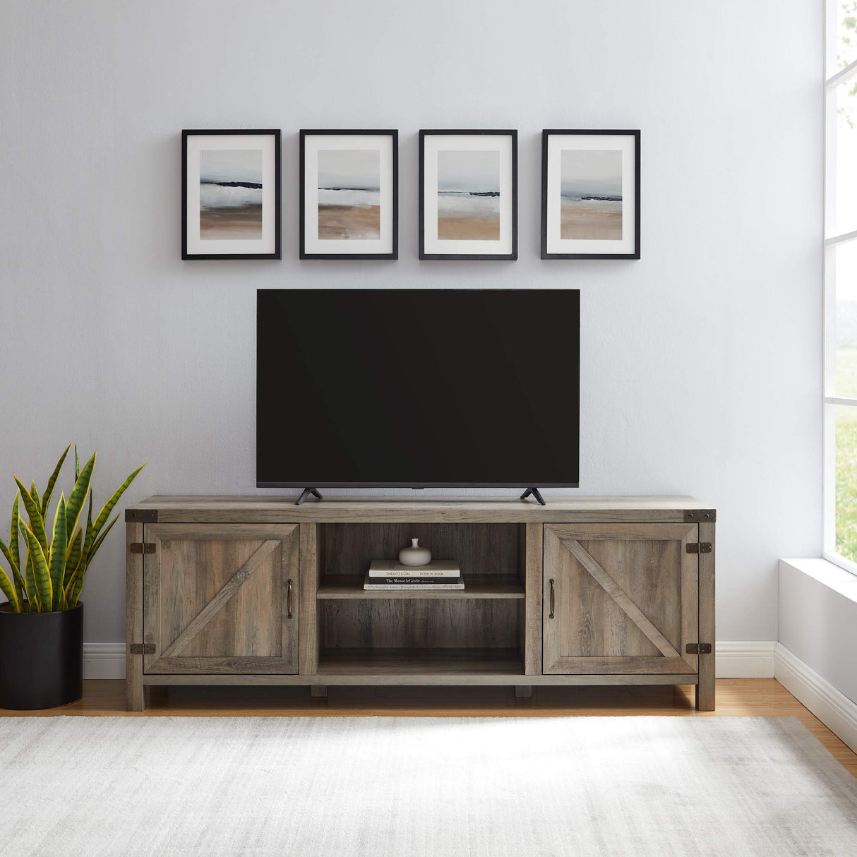 Tucker 70 Inch Barn Door TV Console in Grey Wash