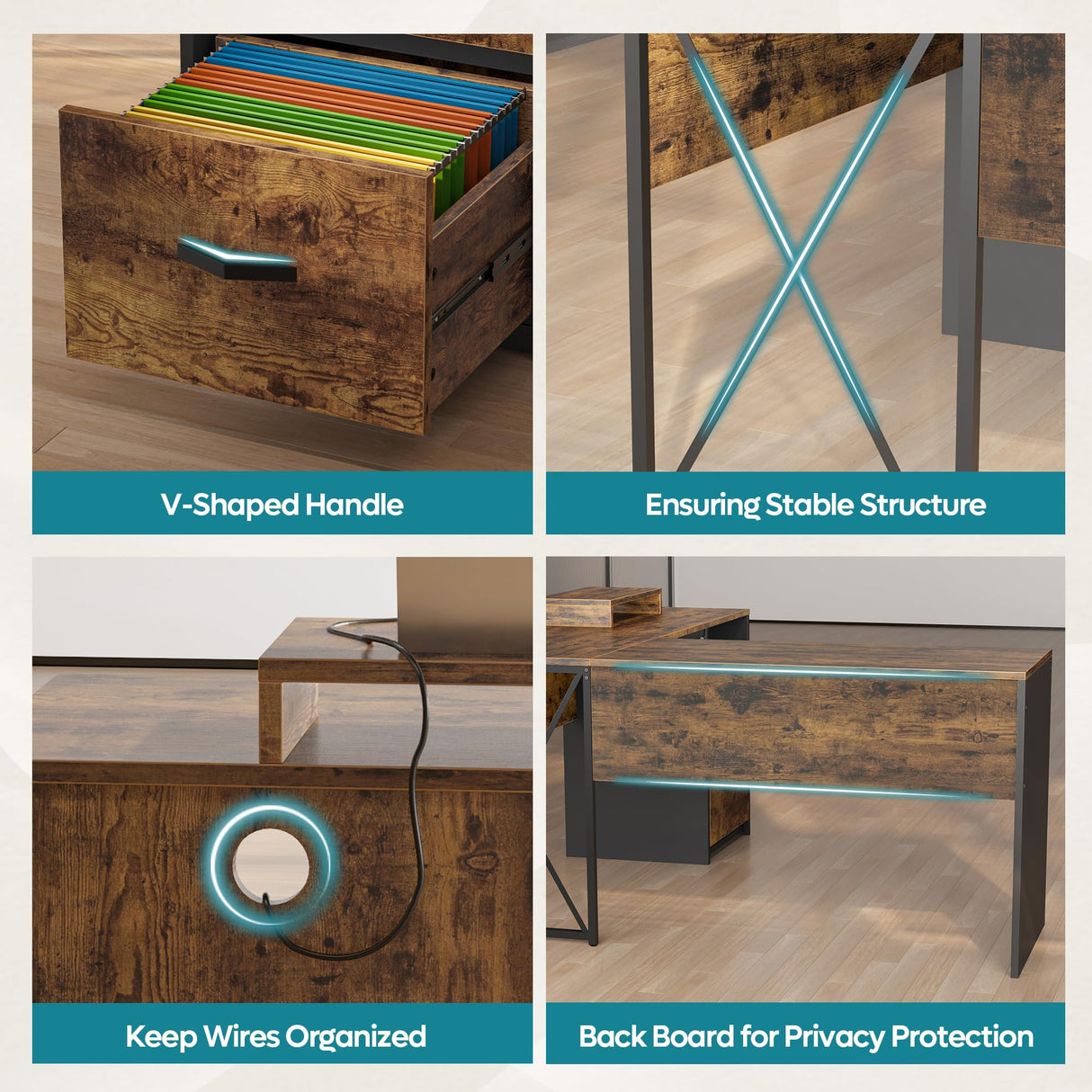 Bestier L Shaped Desk with Drawers, 55 inch Office L Desk with Reversible File Drawer, Industrial Wood Computer Desk with Monitor Stand (Rustic Brown)