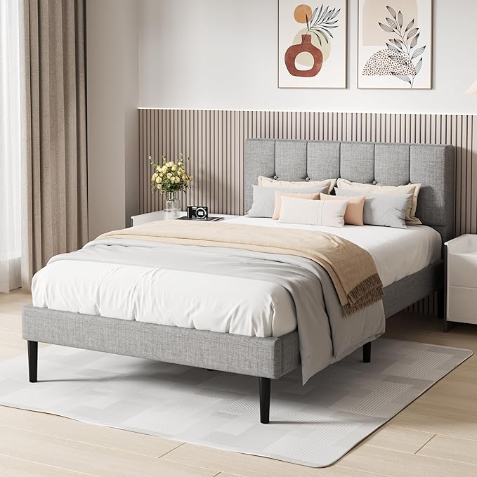 Full Bed Frame with Button Tufted Headboard, Fabric Upholstered Platform Bed Frame,