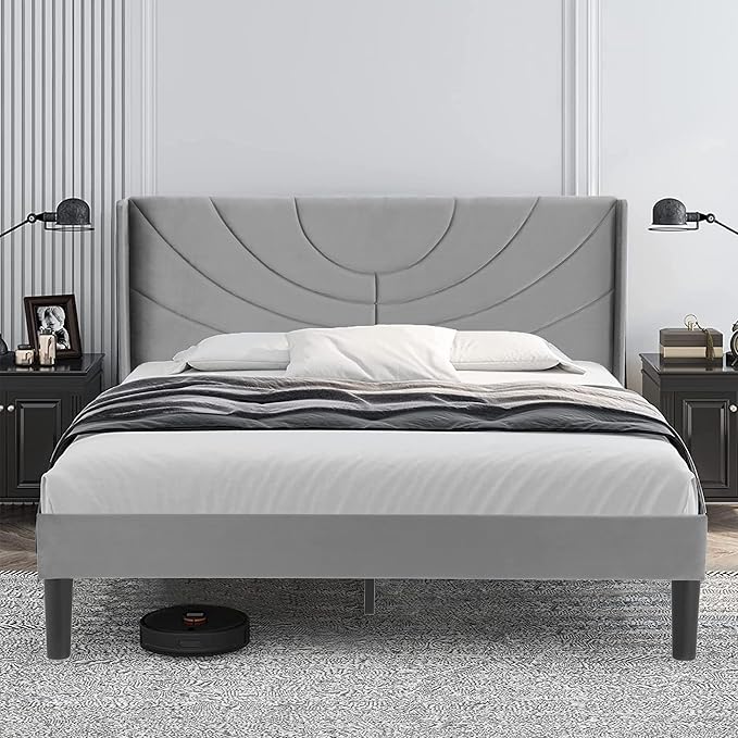 Queen Size Upholstered Platform Bed Frame with Fabric Headboard