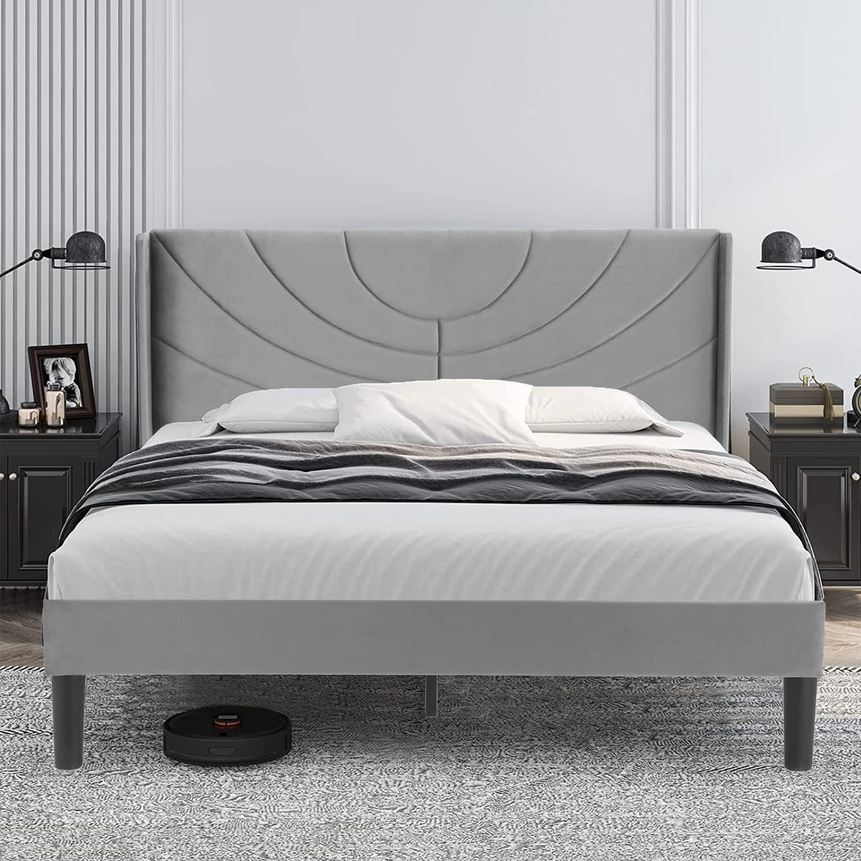 Queen Size Upholstered Platform Bed Frame with Fabric Headboard