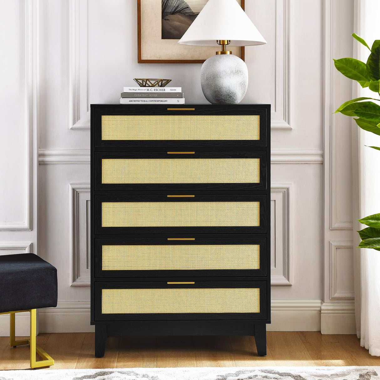 5 Drawers Dresser for Bedroom, 50'' Tall Rattan Dresser, Boho Chest of Drawers with Gold