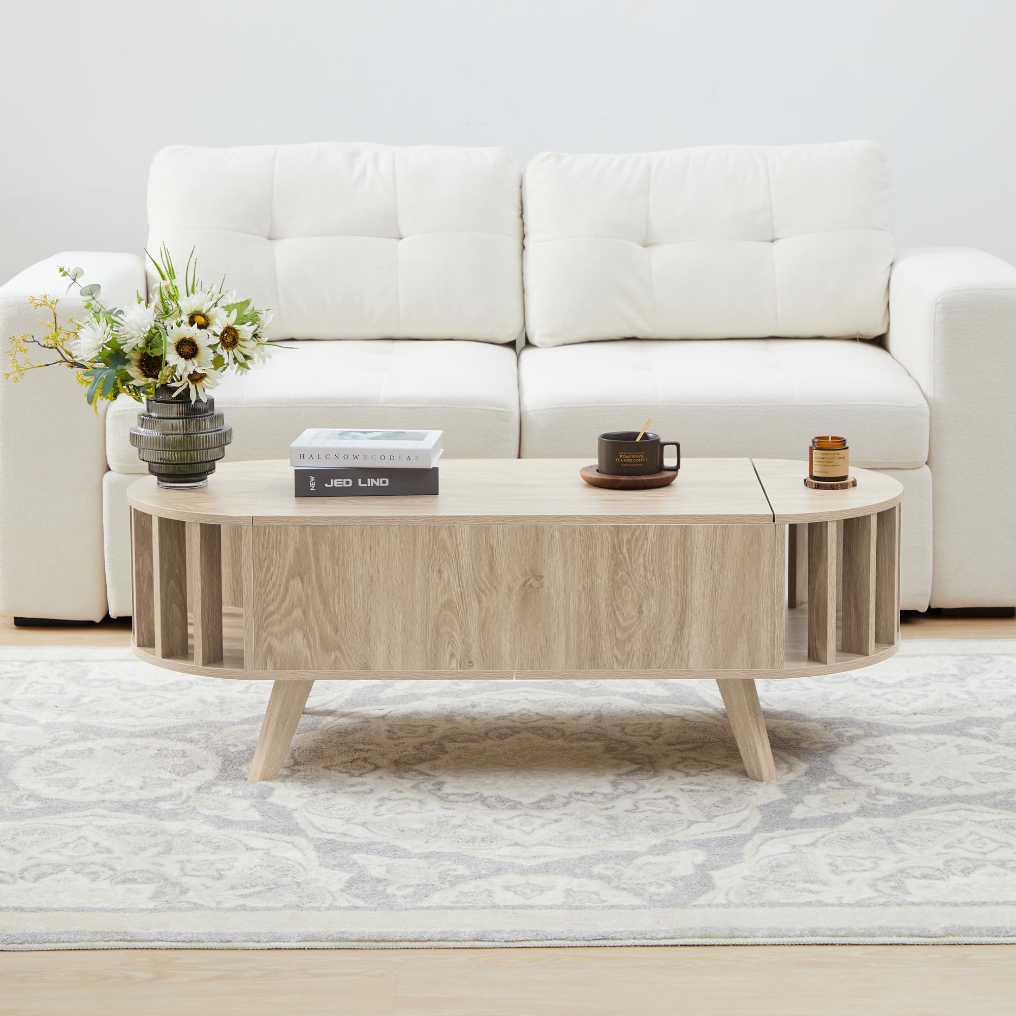 47.3" Lift Top Coffee Table with Hidden Storage, Small End Table with Curved Edge Design