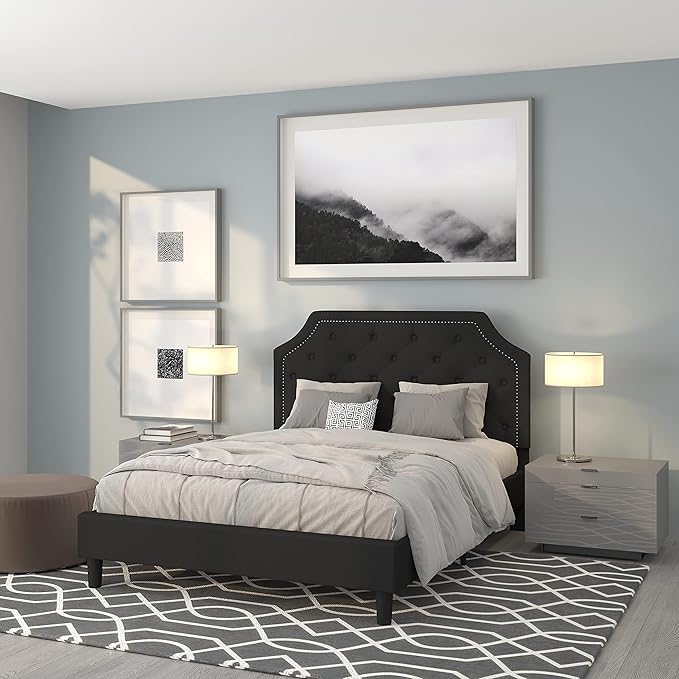 King Size Arched Tufted Upholstered Platform Bed in Beige Fabric