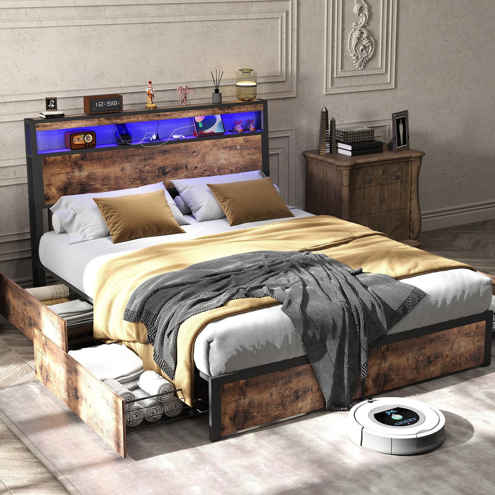 Queen Size Bed Frame with 4 Storage Drawers and Headboard with Charging Station and LED Lights