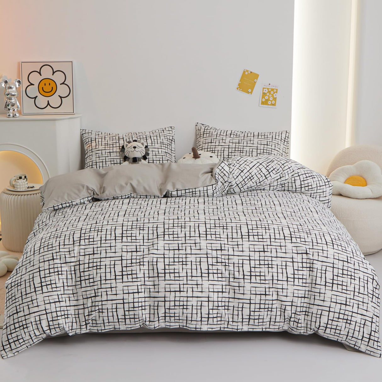 Plaid Duvet Cover Set Queen 100% Cotton Bedding Black and White Grid Checkered Print