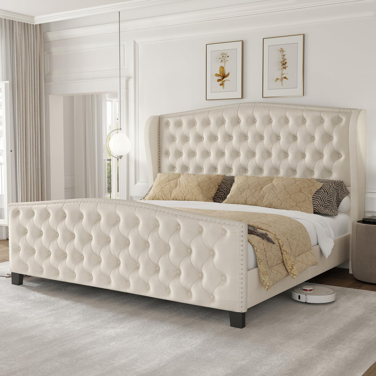 King Bed Frame Upholstered Platform Bed with Wingback Headboard