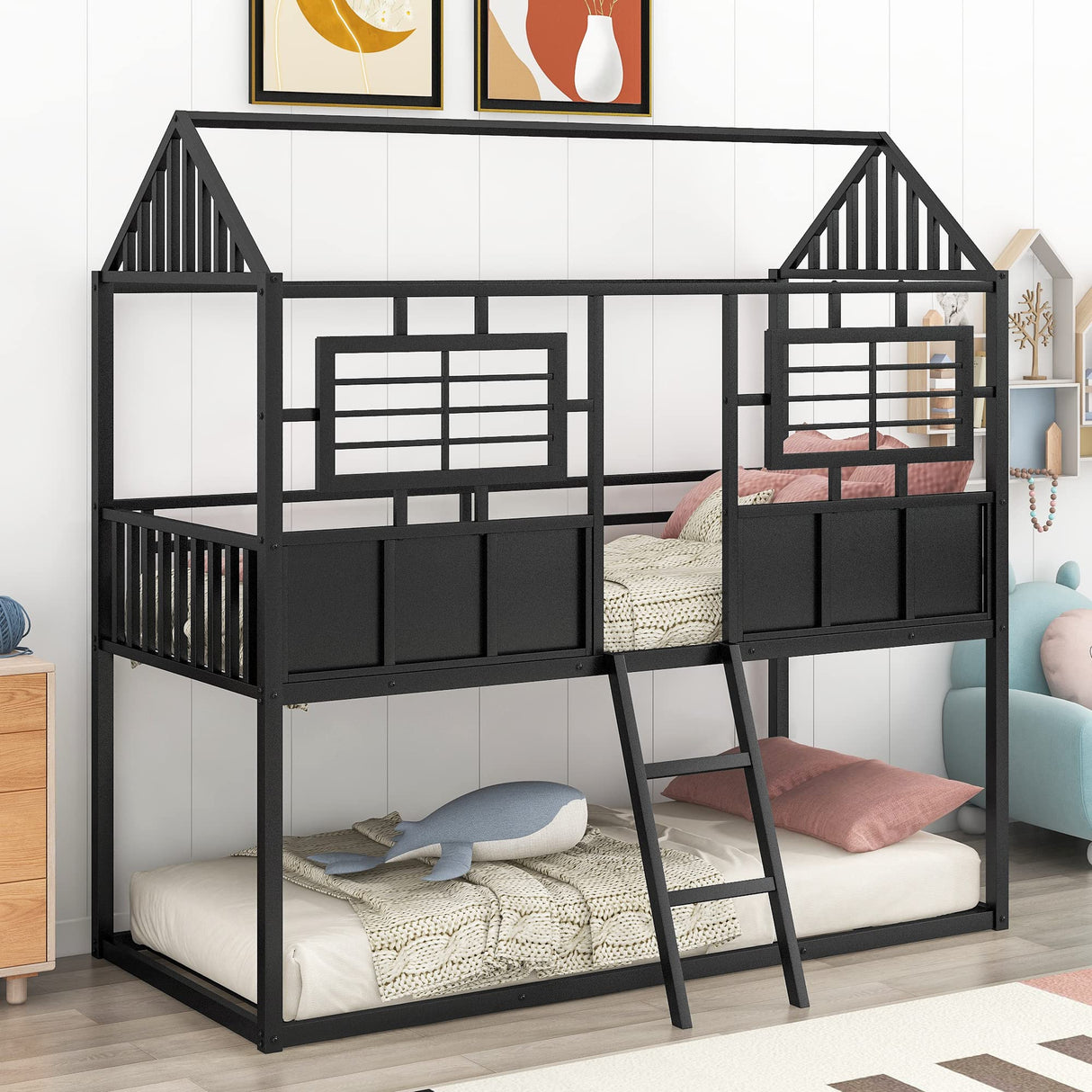 Twin Over Twin Size Metal Low Bunk House Bed