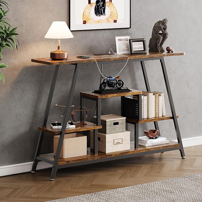 BedsPick 47.3" Console Table with Outlet, Entryway Table with 4-Tier Storage Shelves, Narrow Sofa Table with Charging Station, Couch Table Behind Sofa for Entryway, Hallway, Living Room, Rustic Brown