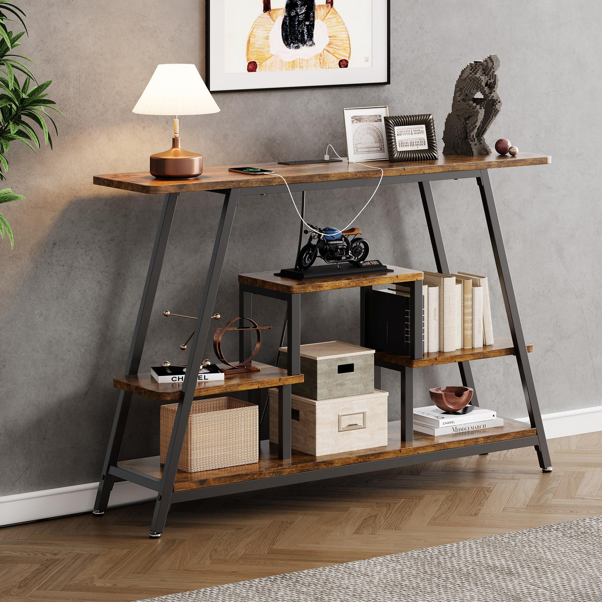 BedsPick 47.3" Console Table with Outlet, Entryway Table with 4-Tier Storage Shelves, Narrow Sofa Table with Charging Station, Couch Table Behind Sofa for Entryway, Hallway, Living Room, Rustic Brown