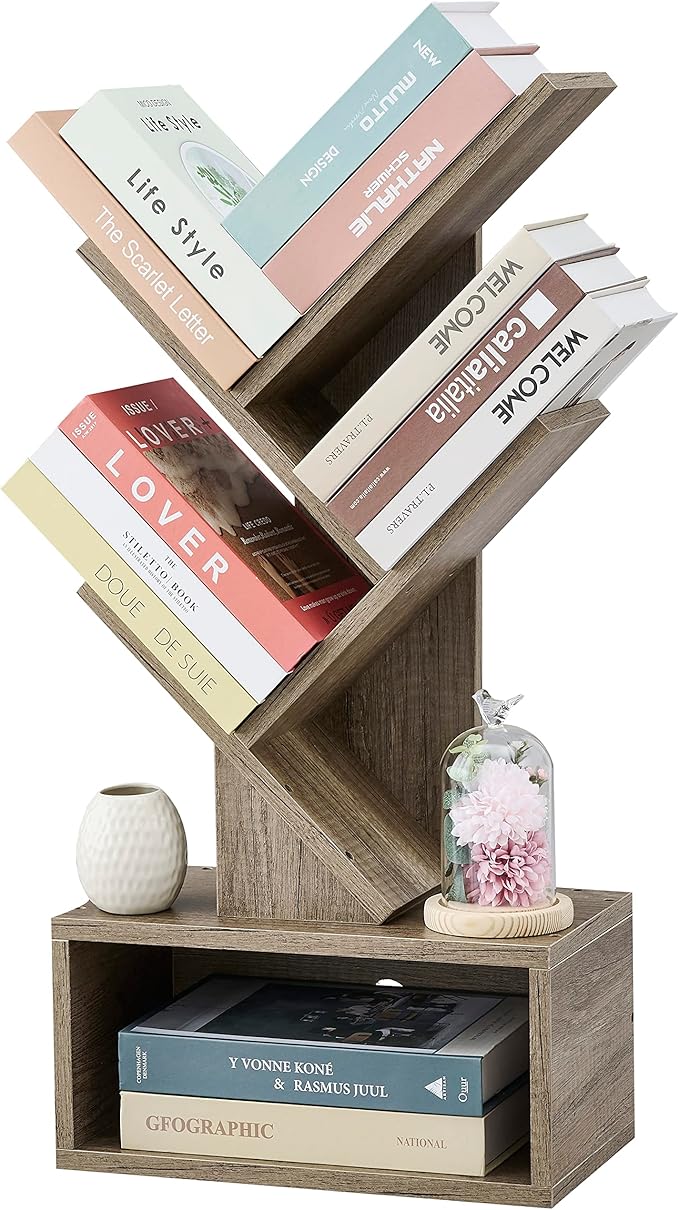 6 Tier Tree Bookshelf, Tall Bookcase with Drawer, Freestanding Book Shelf