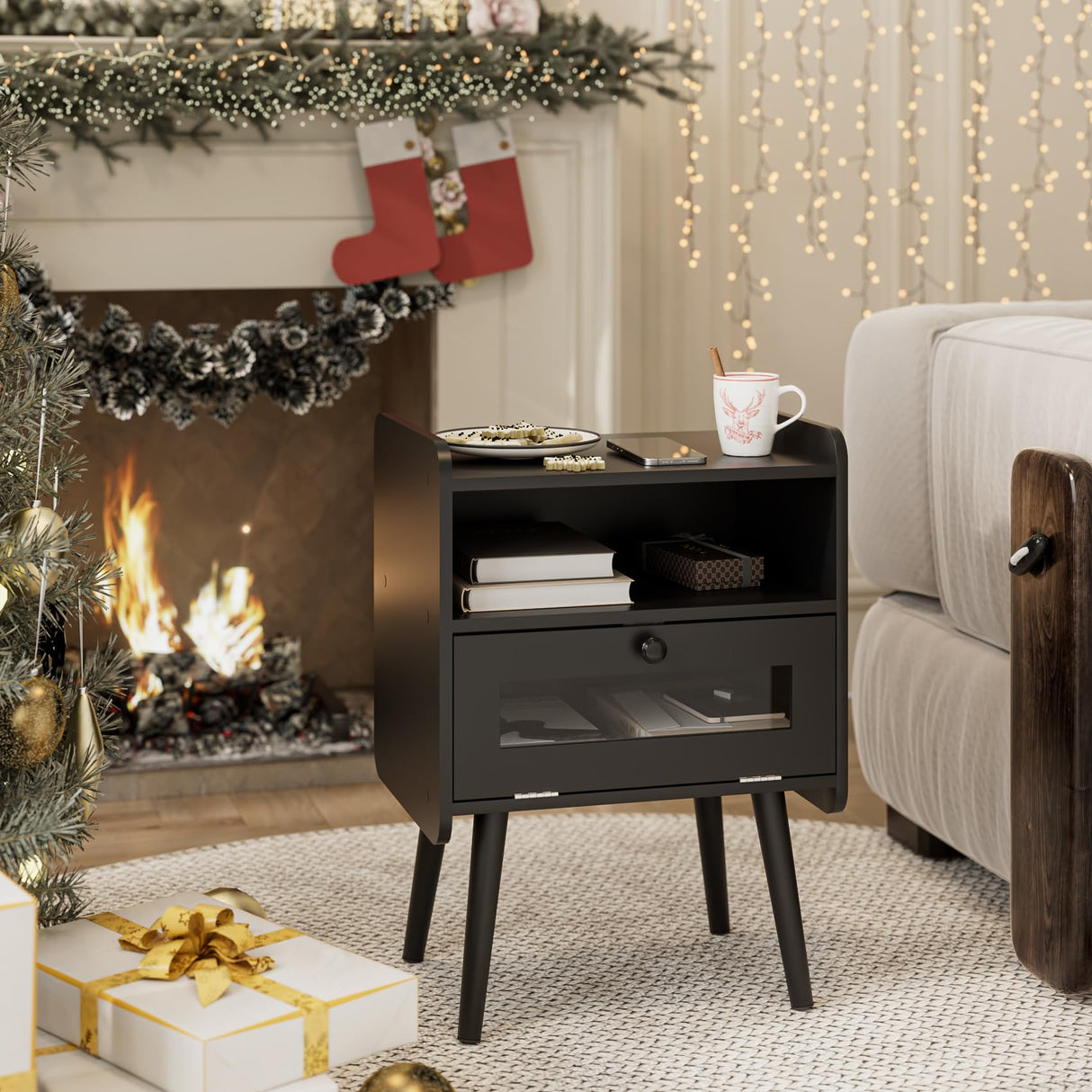 Night Stand Black Nightstand Modern Side Table Bedroom Night Stand End Table with Drawer Mid