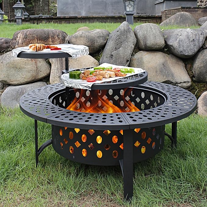 36 Inch Fire Pit with 2 Grills, Wood Burning Fire Pits for Outside with Lid