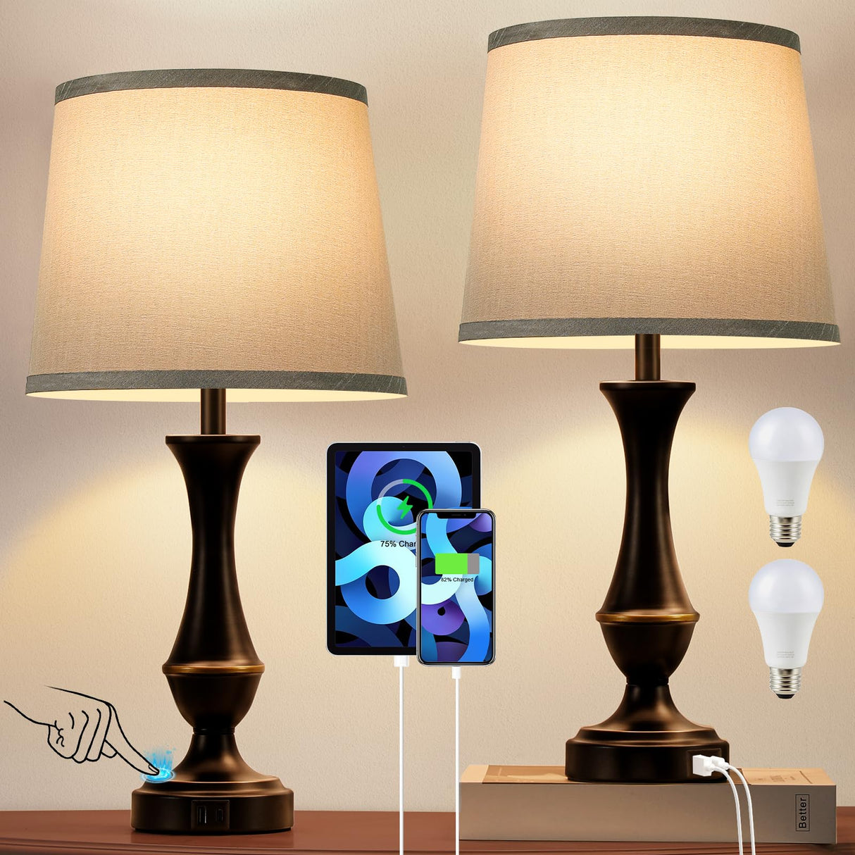 Touch Lamps for Bedrooms Set of 2 - Nightstand Table Lamp