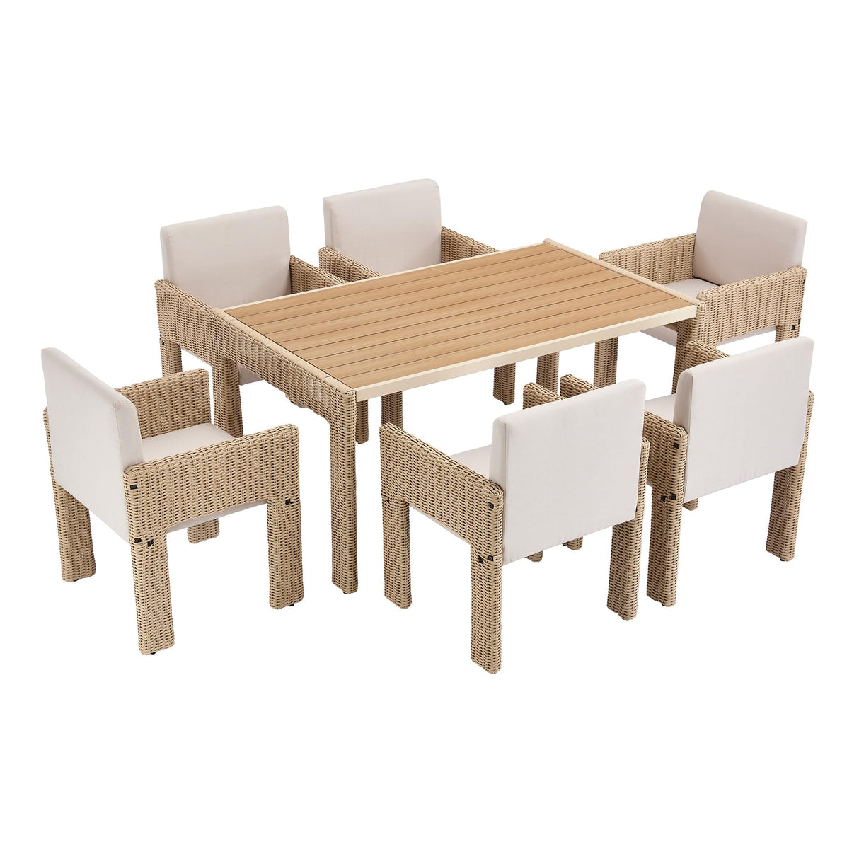 Wicker Outdoor Dining Set for 6, Upholstered 7 Piece Patio Dining Set with Armrests