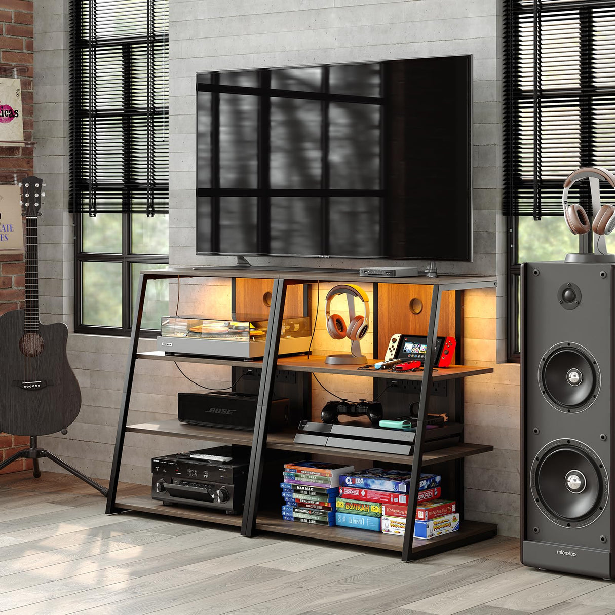 4-Tier AV Media Stand with Charge Station, Corner TV Stand with LED Lights