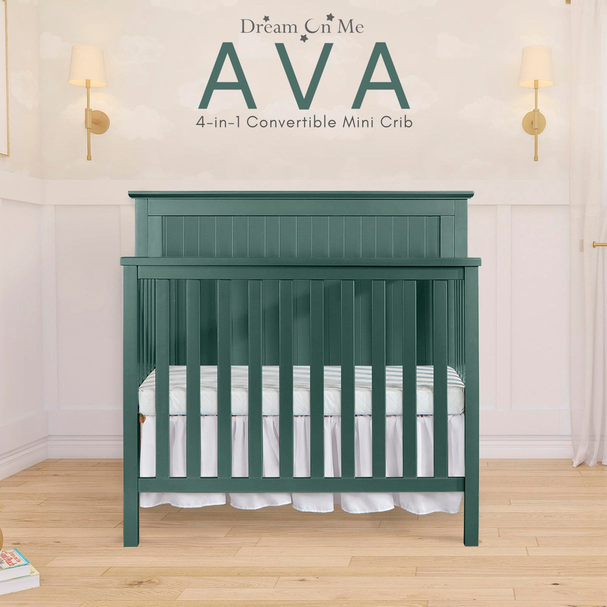 Ava 4-in-1 Convertible Mini Crib in Olive, Greenguard Gold Certified, Non-Toxic Finish