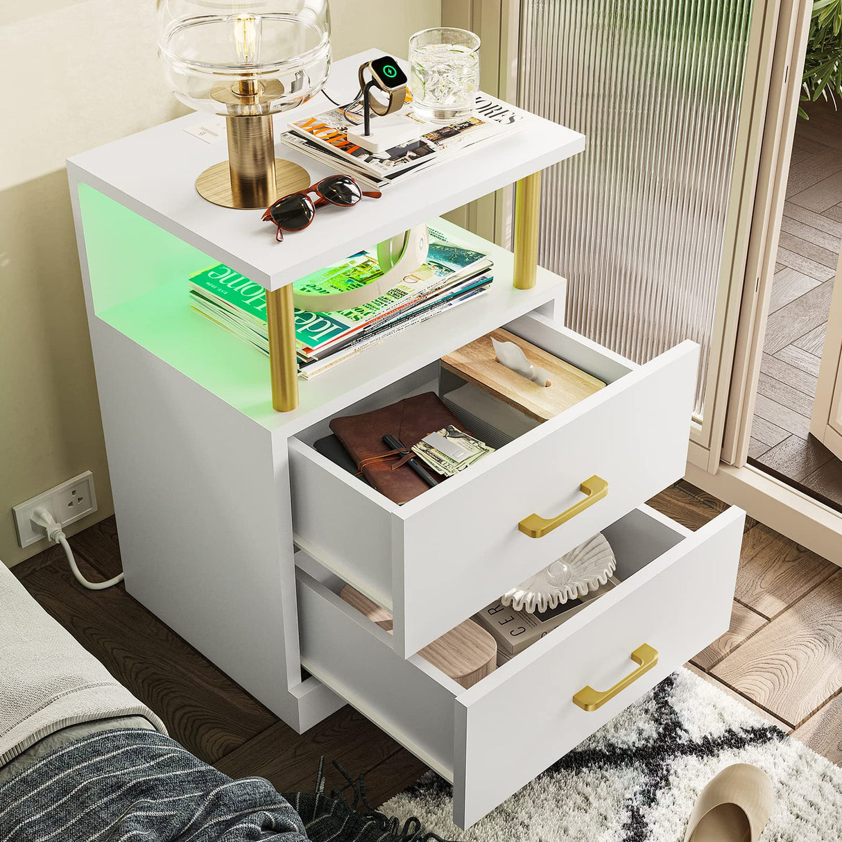 Night Stand with Charging Station and USB Ports, White Night Stand with 2 Drawers