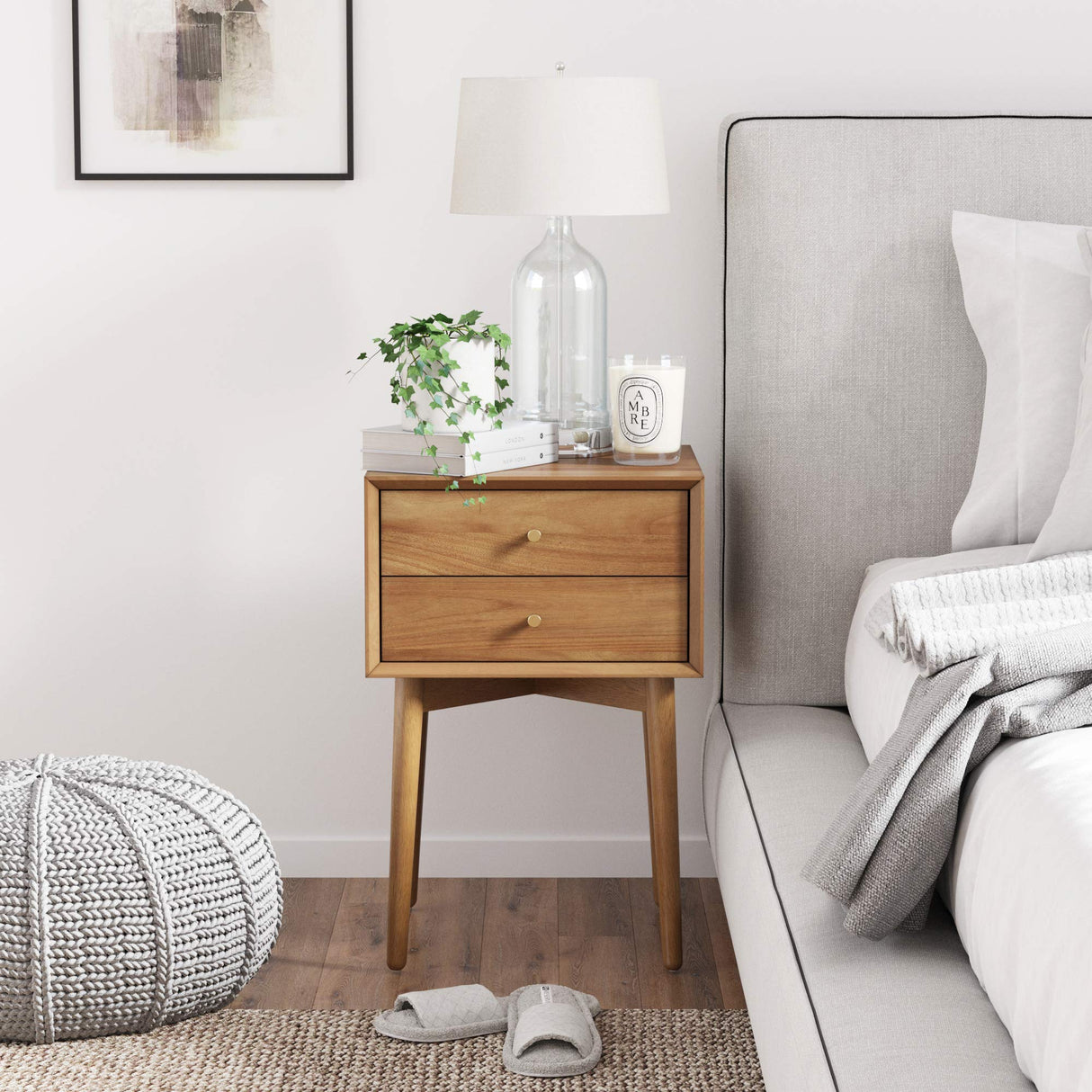 32704 Harper Mid-Century Oak Wood Nightstand with 2-Drawers, Small Side End Table