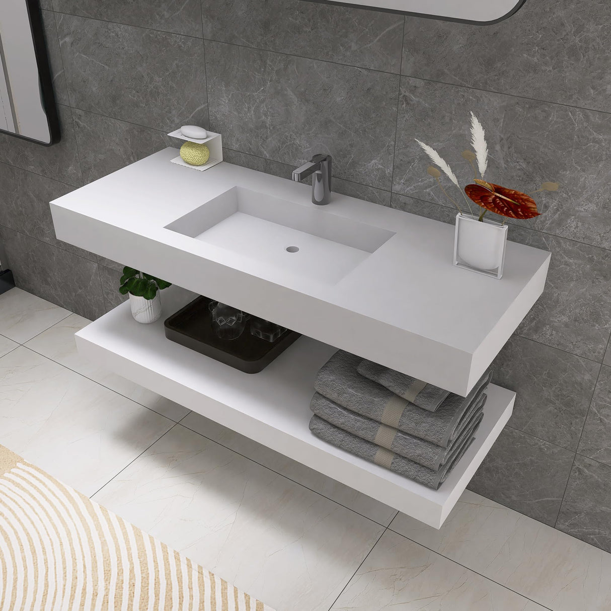 47 inch Wall Mount Floating Vanity with Sink Bathroom Vessel Sink Rectangle Modern