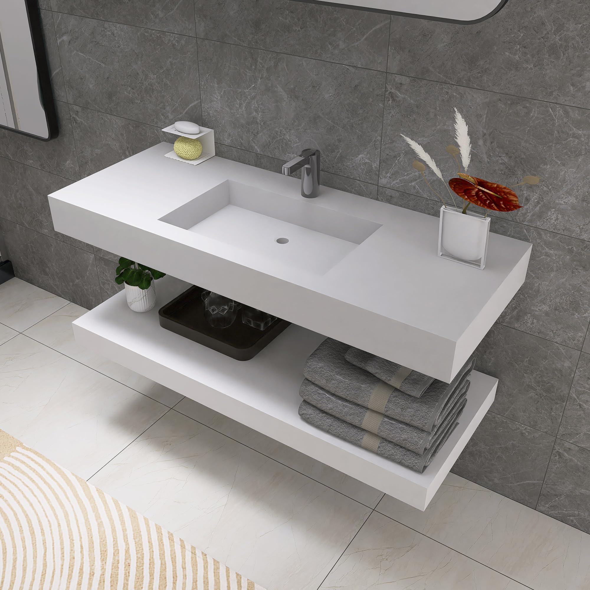 47 inch Wall Mount Floating Vanity with Sink Bathroom Vessel Sink Rectangle Modern