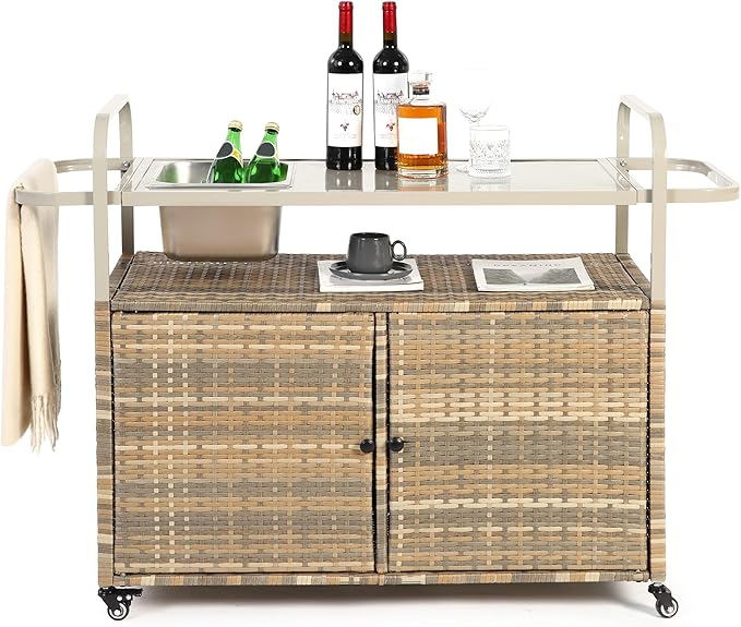 Outdoor Bar Cart Table - Patio Console Storage Cabinet BBQ Grill Carts Buffet with Wheels